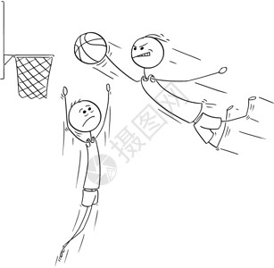 卡通棍手画篮球运动员跳和得分的插图图片