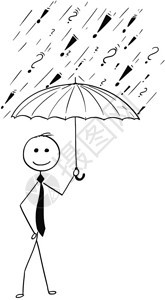 卡通Stickman绘制商业家持有保护伞他免受麻烦和问题的概念说明保护的概念图片