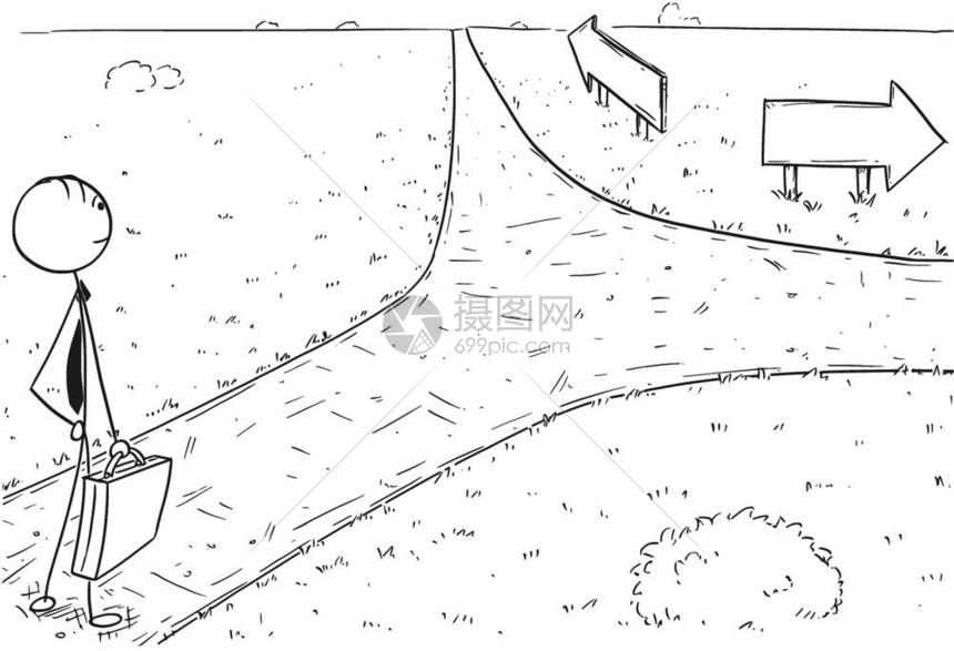 卡通Stickman绘制商人站在十字路口并作出选择或决定的插图商业职机会和选择的概念图片