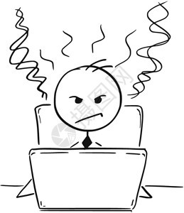 卡通Stickman绘制商人或学生在电脑笔记本上工作疲劳和愤怒的图画图片