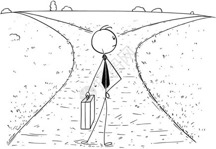 卡通Stickman绘制商人站在十字路口并作出选择或决定的插图商业职机会和选择的概念图片