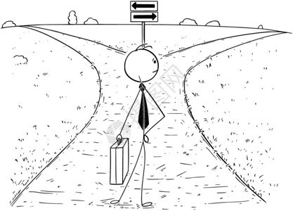 卡通Stickman绘制商人站在十字路口并作出选择或决定的插图商业职机会和选择的概念图片