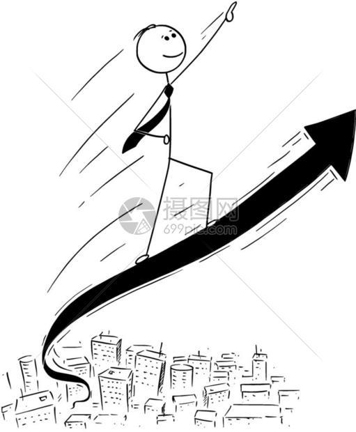 卡通棍手绘制商人高在上升的箭头图概念解商业金融或投资成功的概念图片