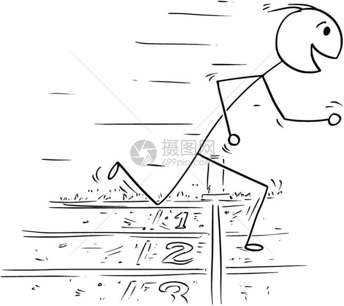 棍棒人画男在终点线赢得比赛跑步