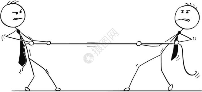 卡通棍手画了两个商人用绳子拖战的概念说明商业团队竞争的概念图片