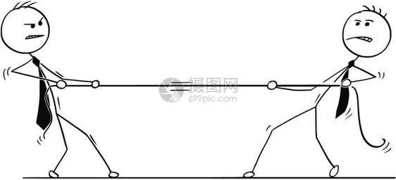 卡通棍手画了两个商人用绳子拖战的概念说明商业团队竞争的概念图片