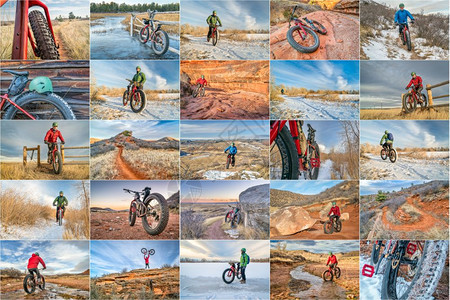 在科罗拉多州北部骑自行车的胖子由来自科罗拉多州北部的25张照片组成的拼图图片
