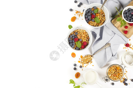 干果和坚自制粮和健康早餐原料蜂蜜牛奶和浆果白本图片