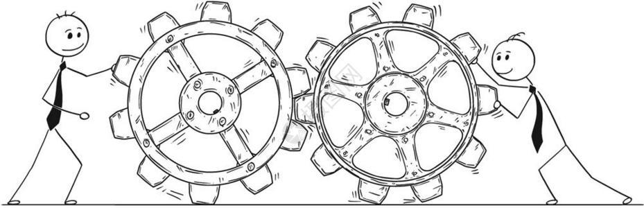卡通Stickman绘制两个商人推动旋轮装置的概念插图团队合作的商业概念图片