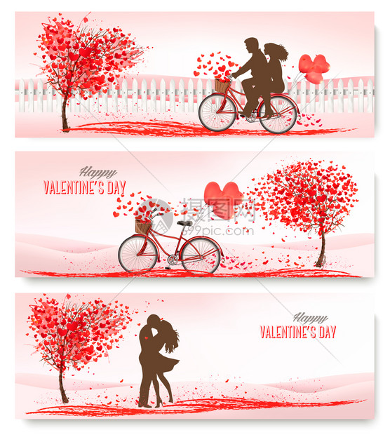 假日复古横幅长着心形叶子和自行车的情人节树图片