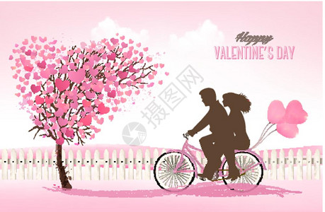Valentier日背景带有心形树和自行车矢量图片