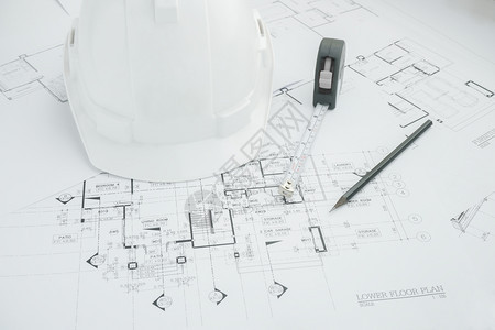 建筑师工作场所建筑工具蓝图头盔计量磁带建筑概念工程具图片