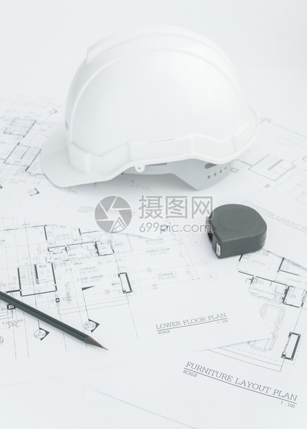 建筑师工作场所建筑工具蓝图头盔计量磁带建筑概念工程具图片