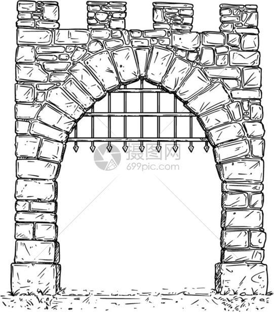 开石中世纪决定门与铁棒的卡通矢量用铁棒绘制开中世纪石决定门的图解图片