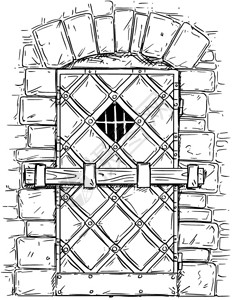 卡通矢量涂鸦图画中世纪的木制门被锁住图片