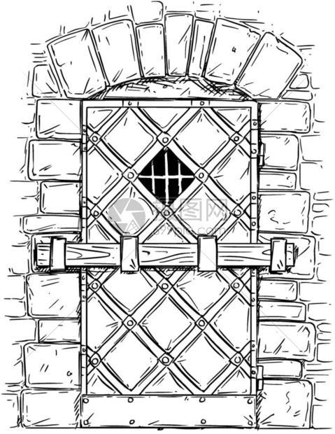 卡通矢量涂鸦图画中世纪的木制门被锁住图片