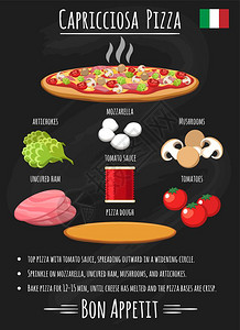 披萨海报Capriciosa比萨饼古老的海报在黑板上Capriciosa比萨配方意大利披萨配有洋菊花mozzarella和黑板矢量图解的插画