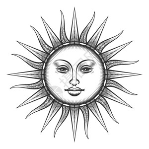 雕刻的太阳古老面像符号雕刻的太阳古老面像磨蚀的异教徒宇宙符号矢量插图图片