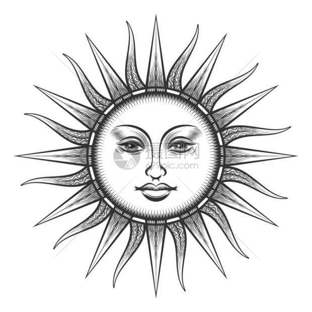 雕刻的太阳古老面像符号雕刻的太阳古老面像磨蚀的异教徒宇宙符号矢量