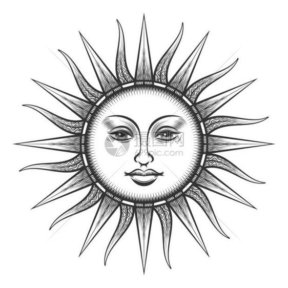 雕刻的太阳古老面像符号雕刻的太阳古老面像磨蚀的异教徒宇宙符号矢量插图图片