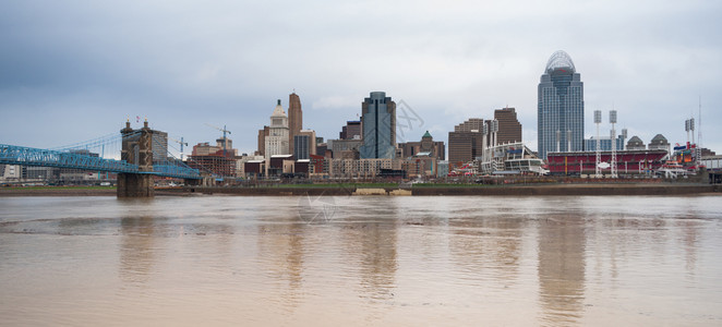 辛那提市中心和美国西部俄亥河上空的灰色天图片