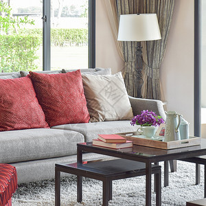 现代客厅设计沙发上有红枕头桌装饰茶图片