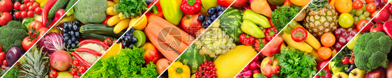 新鲜水果和蔬菜的全景拼图食品概念背景图片