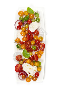 卡布雷斯沙拉莫扎奶酪西红柿和巴林草叶白背景孤立图片