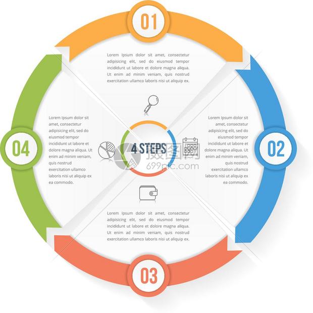 包含四个元素的圆形信息模板包含四个元素步骤或选项工作流程或图数据振动矢量eps10插图图片