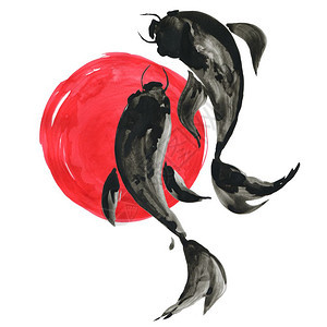 Koi鱼用日本的绘画风格刻小鱼和红太阳传统墨水手画插图鱼和红太阳用日本的风格水彩图图片