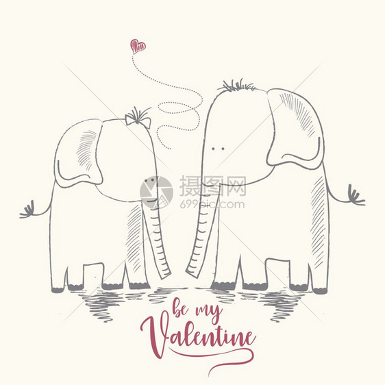 两头双光大象情人节和的贺卡s日与婚礼矢量插图图片