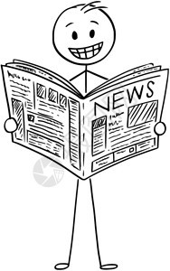 微笑的商人在报纸上读取好消息的漫画背景图片