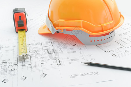 建筑师工作场所建筑工具蓝图头盔测量磁带建筑概念工程具图片