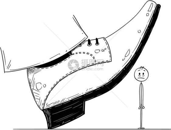 大脚鞋的卡通准备在商人身上下台卡通棍手绘制了大脚鞋的概念说明准备在商人面前下台压力和竞争的商业概念图片