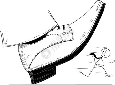 大脚鞋的卡通准备踏上商人卡通棍手绘制了大脚鞋的概念说明准备踏下经营商人压力和竞争的商业概念图片
