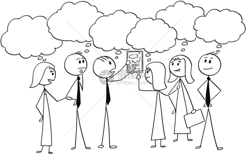 企业团队合作寻找问题解决方案的漫画笔棍手绘制商业团队或人和女团体