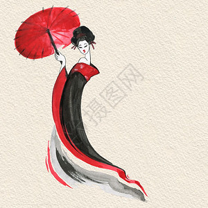 Geisha传统服装妇女日式水彩色手绘插图图片