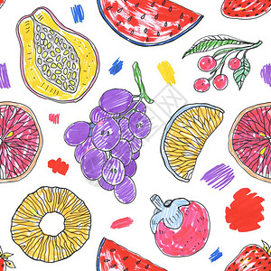 山竹卡通热带异国水果的形态抽象无缝背景热带异国水果的无缝热带形态手画食品设计背景