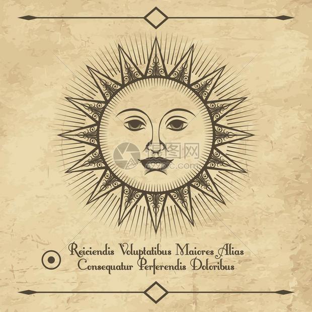 古老董绘制太阳面图古老的雕刻矢量插图插画图片下载-正版图片3043978