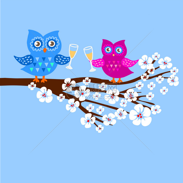 鲜花树枝上的小猫头鹰鲜花枝上的小猫头鹰樱花枝上的香槟眼镜春天概念背景亮插图可以用作邀请卡矢量夏季壁纸图片