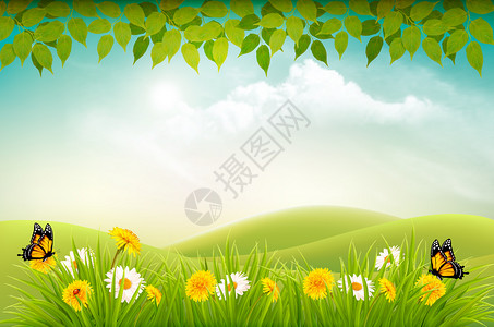 春天自然景观背鲜花和蝴蝶矢量图片