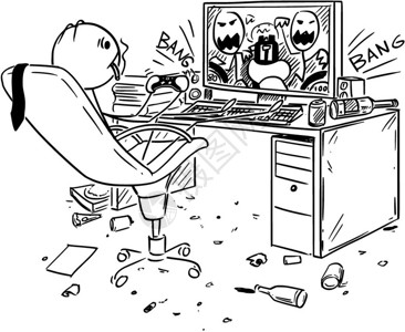 商人在工作时饮酒吸烟和玩电脑游戏的漫画卡通棍手绘制商人在工作时喝酒抽烟和玩电脑游戏的概念说明图片
