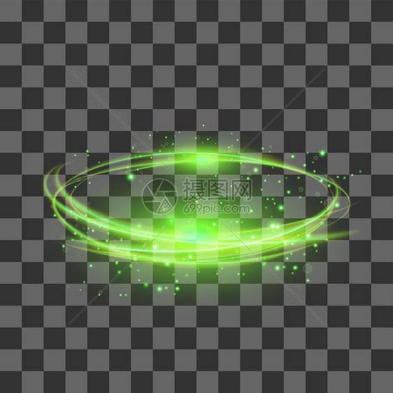 透明光效应与检查背景隔离绿色闪电Flafe设计Flafe金光星带有圆透镜的抽象椭圆火环踪迹与检查背景隔离的透明光效应绿色闪电图片