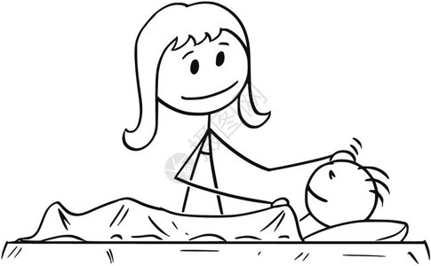 母亲的卡通看着睡梦中的儿子卡通棍棒男描绘了母亲或看着睡梦中的儿子概念图片