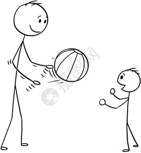 父亲的卡通和儿子玩球卡通棍子画父亲和爸玩儿子充气海滩球的概念插图图片