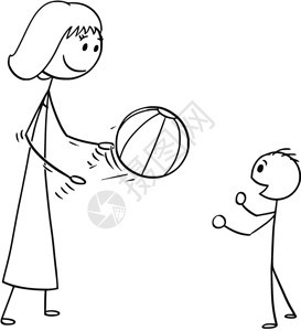 母亲的卡通和儿子玩球卡通棍棒男画着母亲和玩儿子充气沙滩球的概念插图图片
