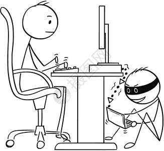 在黑客窃取数据的同时在计算机上工作的漫画人或商卡通棍手描绘了在计算机上工作的商人概念图而黑客在窃取他的数据网络和互联安全的商业概图片