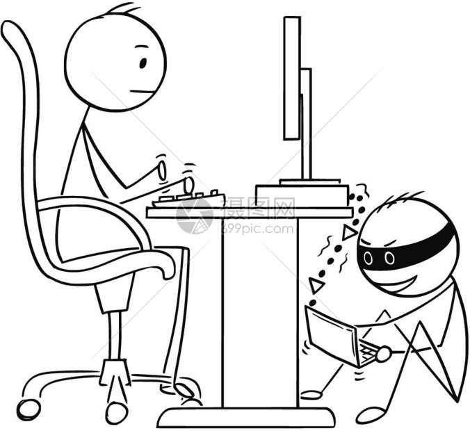 在黑客窃取数据的同时在计算机上工作的漫画人或商卡通棍手描绘了在计算机上工作的商人概念图而黑客在窃取他的数据网络和互联安全的商业概图片