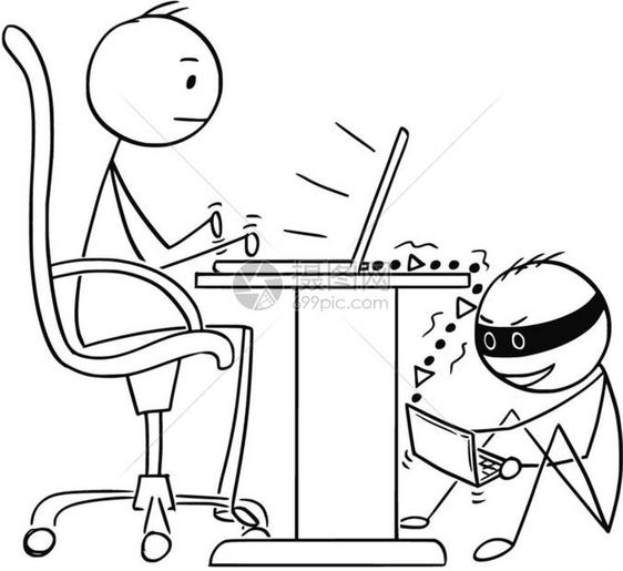 在黑客窃取其数据的同时从事计算机工作的漫画人或商卡通棍手描绘了商人在笔记本电脑上工作而黑客在窃取其数据的概念说明网络和互联安全的图片