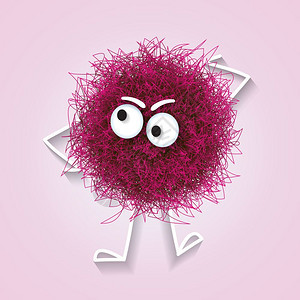 长毛可爱的粉红色球形生物思考矢量插图图片